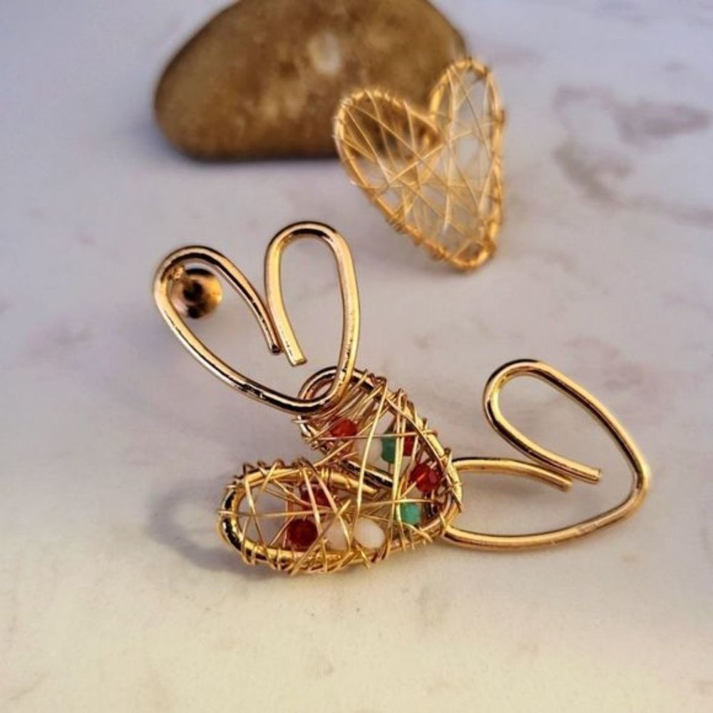 Handmade asymmetrical?earrings wire wrapped gold tone and crystals